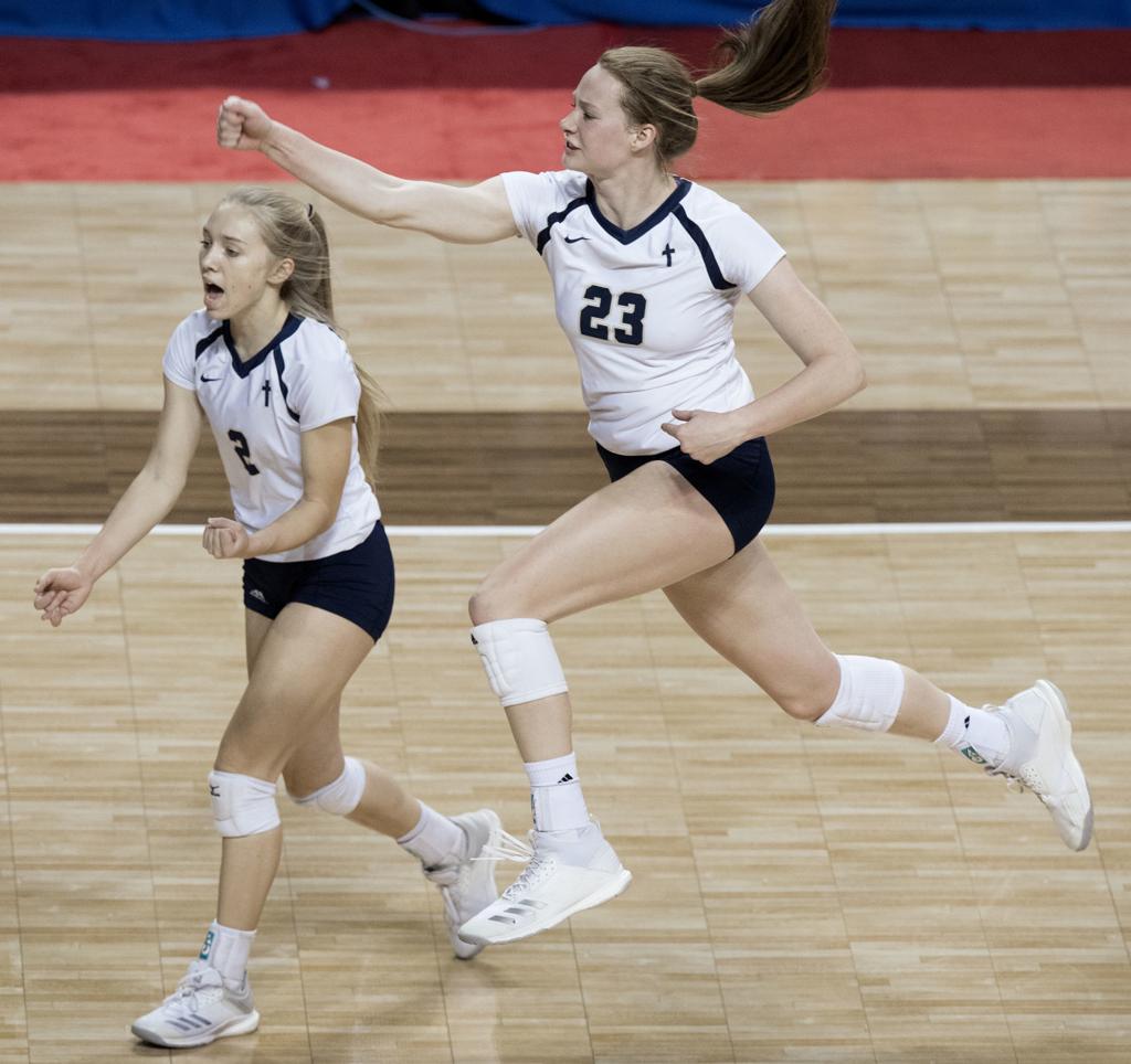 Marriah and Hope Celebrate after a point in the Semi Final game